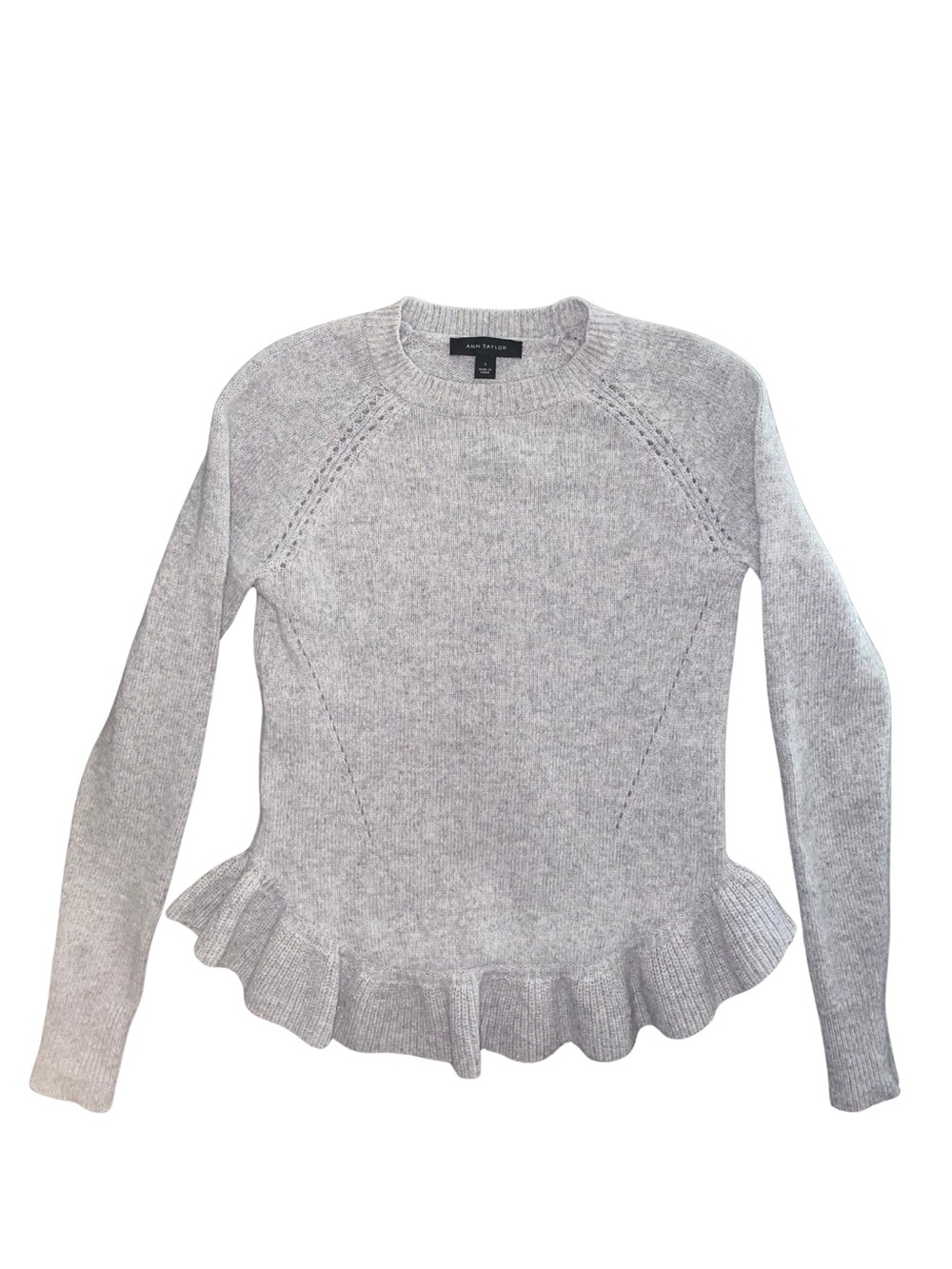 Ann Taylor Womens S Wool Cashmere Sweater Gray Ruffle Peplum Hem Pointelle